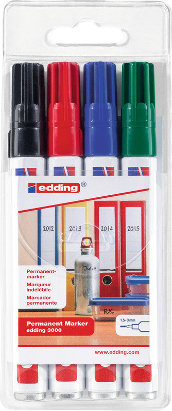 Edding Permanentmarker – sortiert (rot, blau, grün, schwarz), 4er Pack