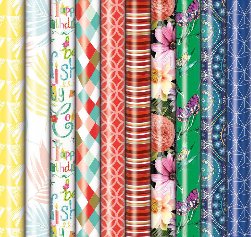 Zoewie Geschenkpapier Rolle – 10 Motive, sortiert – 700 × 2000 mm – Papier, 65 g/m2