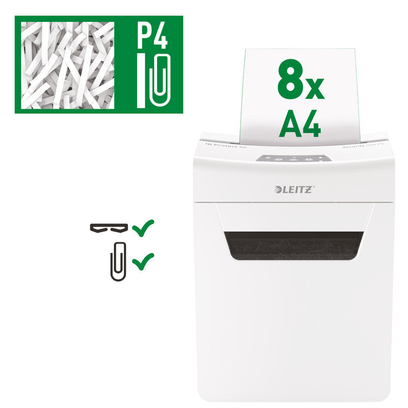 Leitz IQ 8X Protect Premium – Aktenvernichter, DIN P-4, Partikelschnitt 4 × 28 mm, 8 Blatt, 14 l, A4