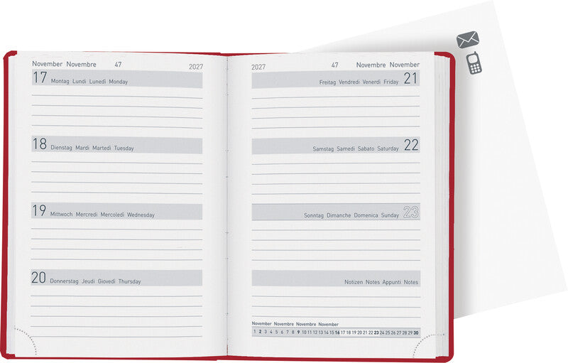 Biella Memento Agenda – 1 Woche/2 Seiten, gebunden, 10,1 × 14,2 cm, 2027, mehrsprachig, Rot, FSC