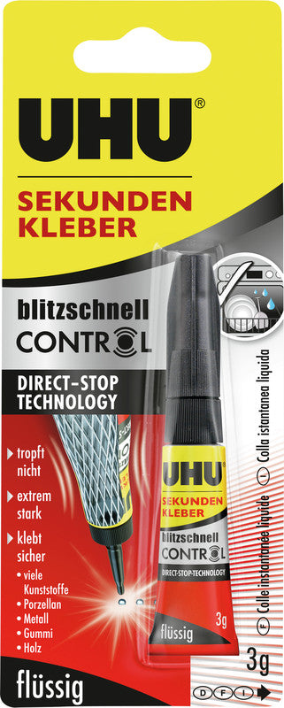 UHU Control Sekundenkleber – permanent, transparent, schnelltrocknend, 3 g, für Holz, Porzellan, Metall
