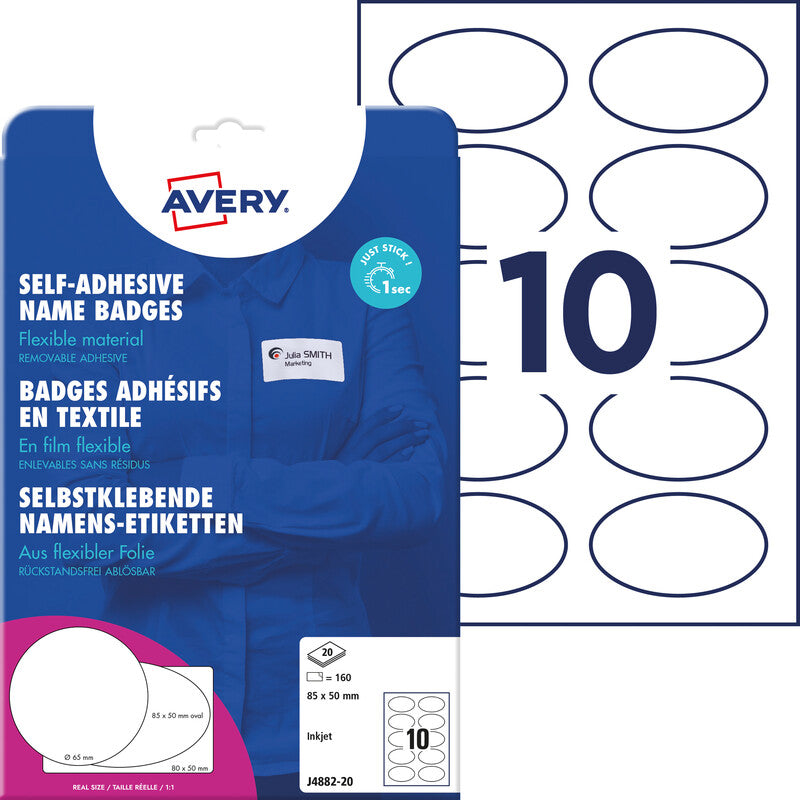 Avery Schuletiketten – 85 × 50 mm, abgerundete Ecken, 200 Stk, 20 Bogen, Textil, ablösbar