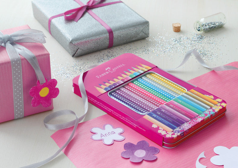 Faber-Castell Aquarellfarbstifte Grip Sparkle – 12 Farben, im Metalletui, Ø 3 mm, dreikantig, FSC