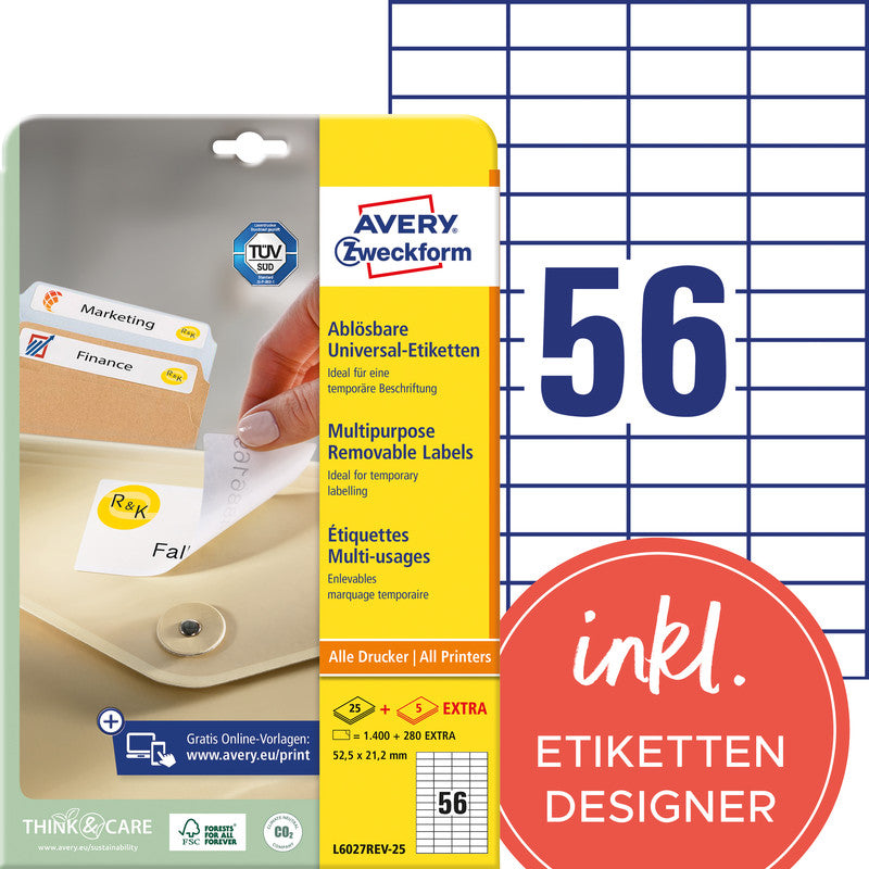 Avery Drucketiketten, 53 mm × 21 mm, weiss, Papier, wiederablösbar, Pack à 30 Blatt (1680 Etiketten)