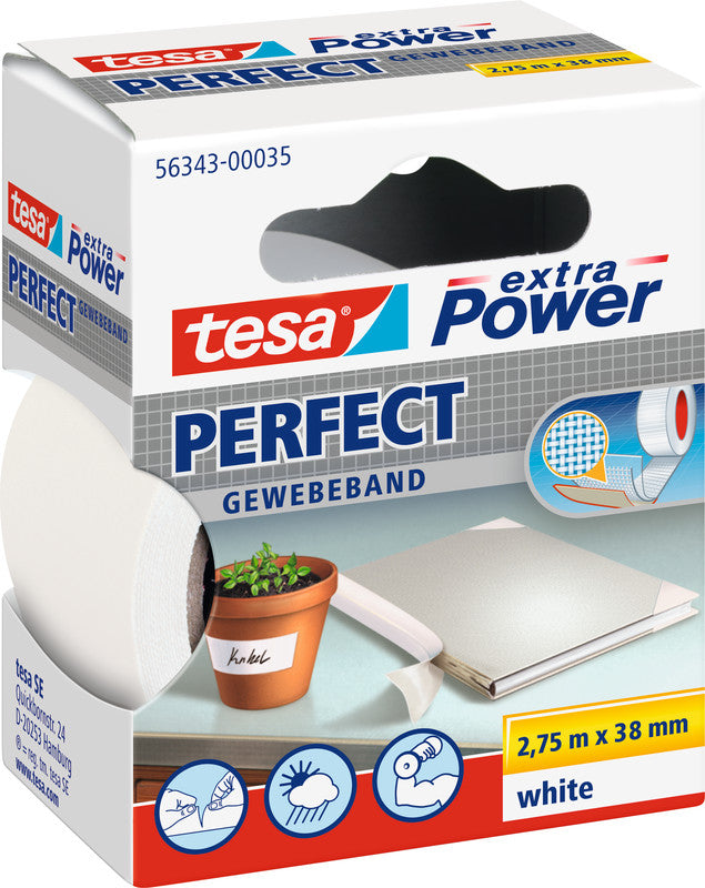 TESA Klebeband Gewebeband Extra Power Perfect – Permanent, Strukturiert, 38 mm × 2,75 m, Weiss, Kern Ø 26 mm