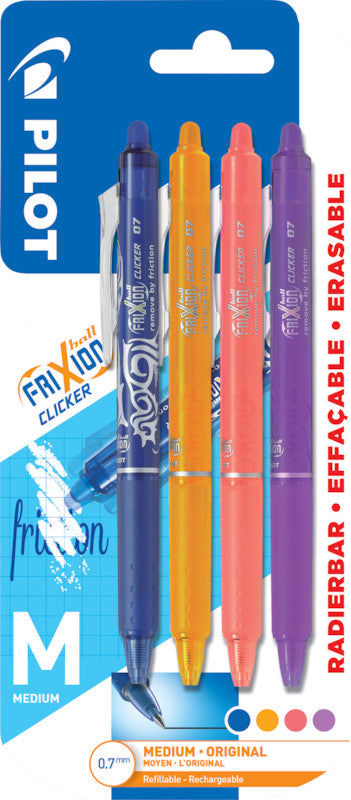 Pilot FriXion Ball Clicker – radierbares Tintenroller-Set, 0,7 mm, blau/apricot/coral-pink und weitere, 4er Etui
