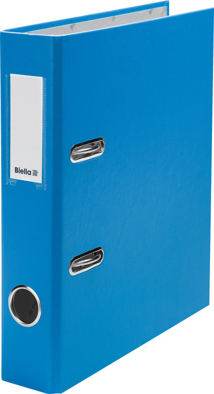 Biella Ordner – A5 hoch – 2-Ring Hebelmechanik, Rücken 40 mm – blau, Karton, mit Niederhalter, mit Griffloch