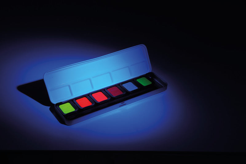 Finetec Premium Neon – Deckfarbkasten – 6 Farben, nachtleuchtend, für Papier, Karton & Holz