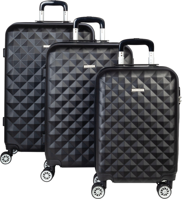 Worldpack Kofferset Diamond 3-teilig – ABS-Hartschale, 4 Doppelrollen, schwarz