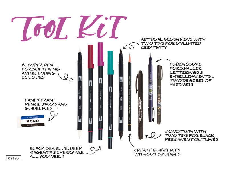 Tombow Handlettering-Set – 2 ABT Dual Brush Pens, Fudenosuke, Mono Twin, Bleistift 3H, Radierer