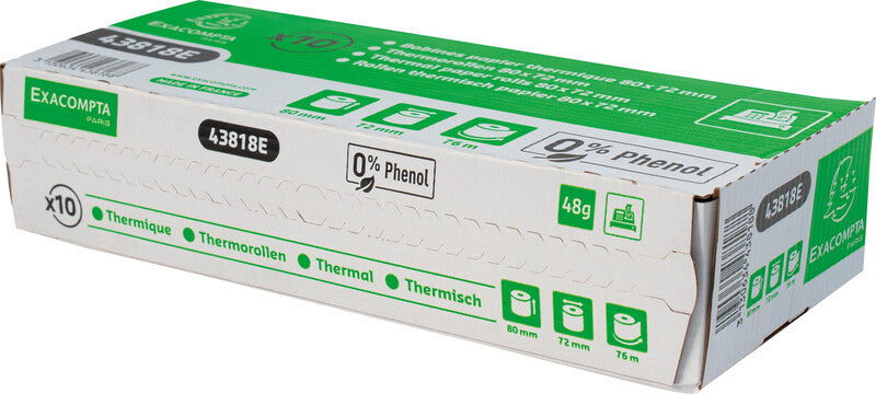 Exacompta Thermorolle 80 × 72 × 12 mm, 76 m, 52 g/m², phenolfrei, weiss