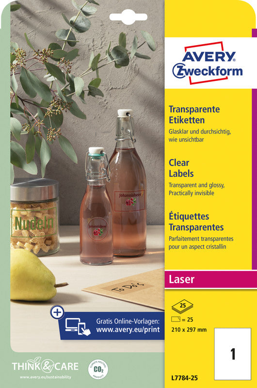 Avery Folienetiketten, 210 mm × 297 mm, transparent, Folie, permanent