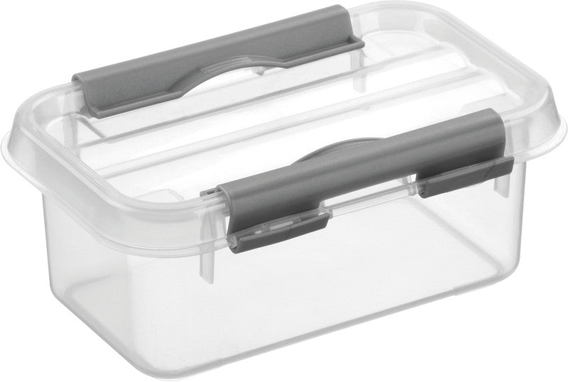 Helit die q-line Aufbewahrungsbox 0,5 l – mit Clipverschluss, stapelbar, 100 × 63 × 150 mm, transparent