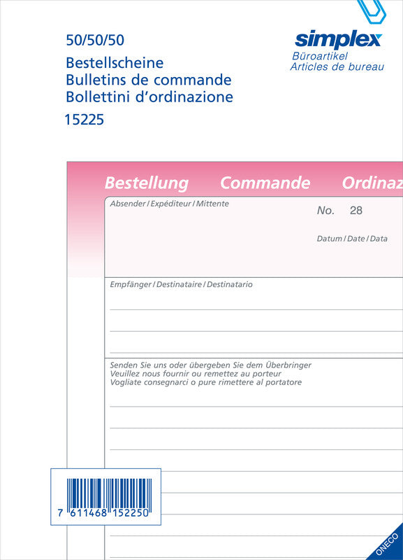 Simplex Oneco Formularblock – Bestellscheine, Deutsch, Französisch, Italienisch, 50 Blatt, A5