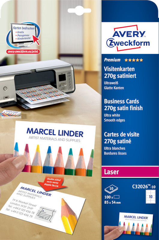 Avery Visitenkarten, 85 × 54 mm – A4, 10 pro Blatt – 100 Karten – FSC-zertifiziert, beidseitig bedruckbar