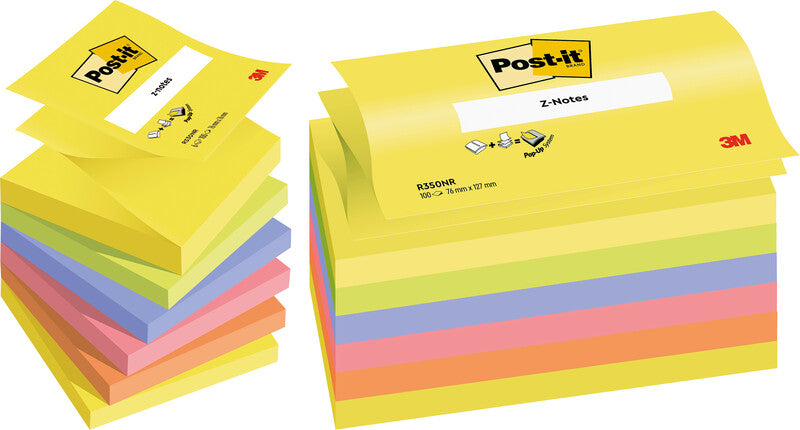 3M Post-it Haftnotizen Z-Notes – 76×76 mm – sortiert, 6×100 Blatt, Z-Faltung, PEFC