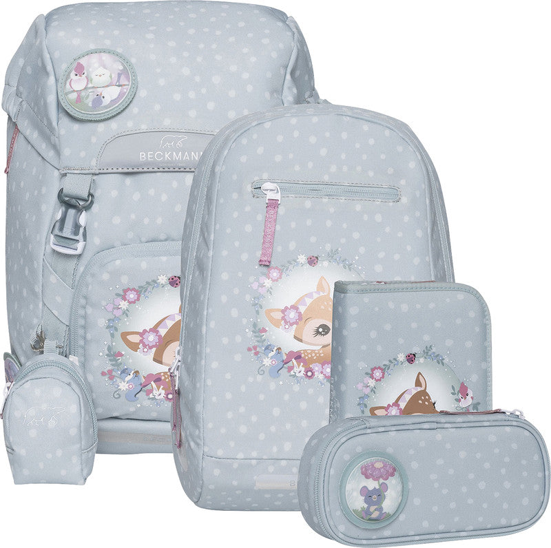 Beckmann Schulrucksack Classic 1st – 6-teilig – Forest Deer Dusty Mint – mit Leuchteffekt