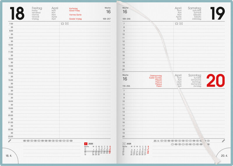 Biella Bunte Agenda – 1 Tag pro Seite, gebunden, 14,5 × 20,5 cm, 2026, ½-Stunden-Takt, Salbeigrün, FSC