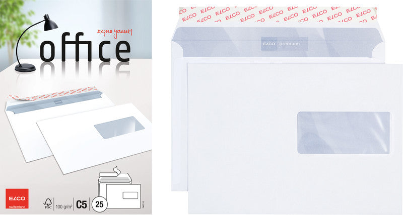Elco Couvert C5, Fenster rechts, Haftklebung, hochweiss, 100 g/m², mit Innendruck – 25 Stk.