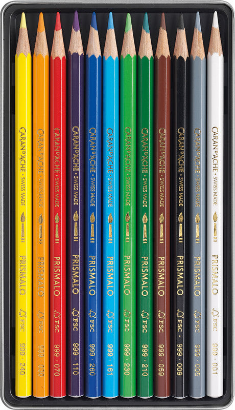 Caran d-Ache Caran d'Ache Prismalo Aquarellfarbstifte – 12 Farben, im Metalletui, Ø 3 mm, FSC