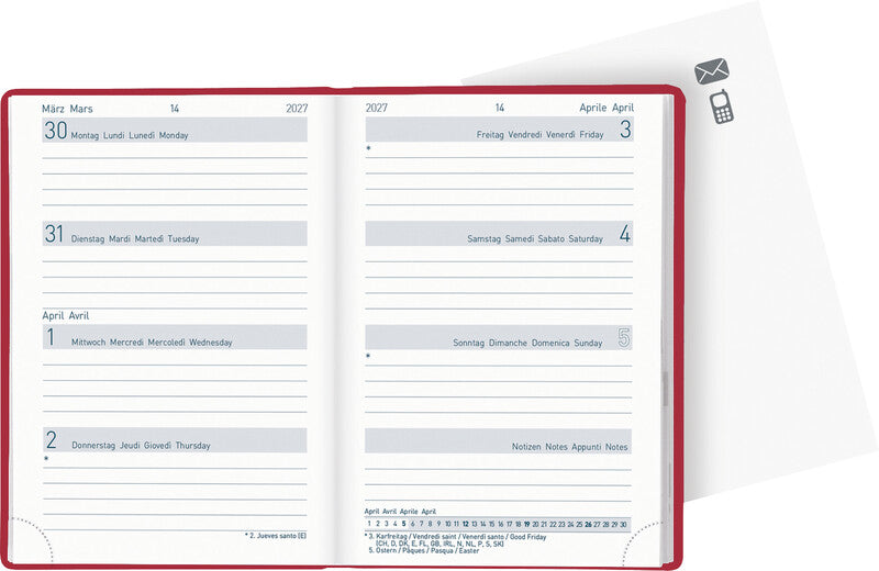 Biella Agenda – 1 Woche/2 Seiten, gebunden, 7,6 × 11 cm, 2027, rot, FSC