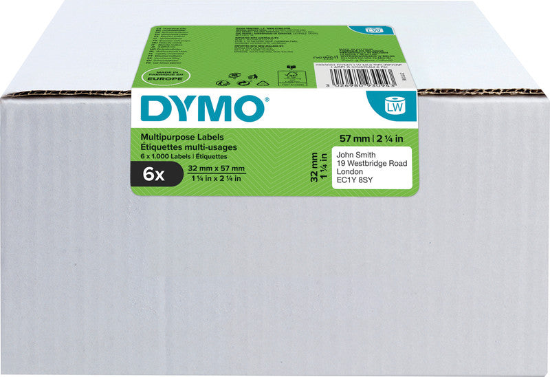 DYMO Druckeretiketten, 57 mm × 32 mm, weiss, Papier, wiederablösbar, für LabelWriter und andere, 6 × 1'000 St.