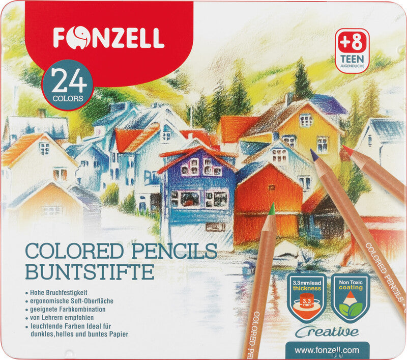 Fonzell Creative Farbstifte-Set – 24 Farben, rund, Mine Ø 3,3 mm, Metallschachtel
