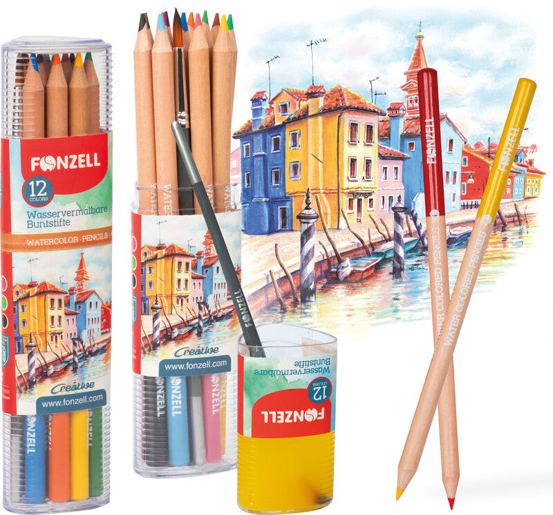 Fonzell Creative Aquarellfarbstifte-Set – 12 Farben, rund, Mine Ø 3,3 mm, mit Pinsel, Dreiecksetui