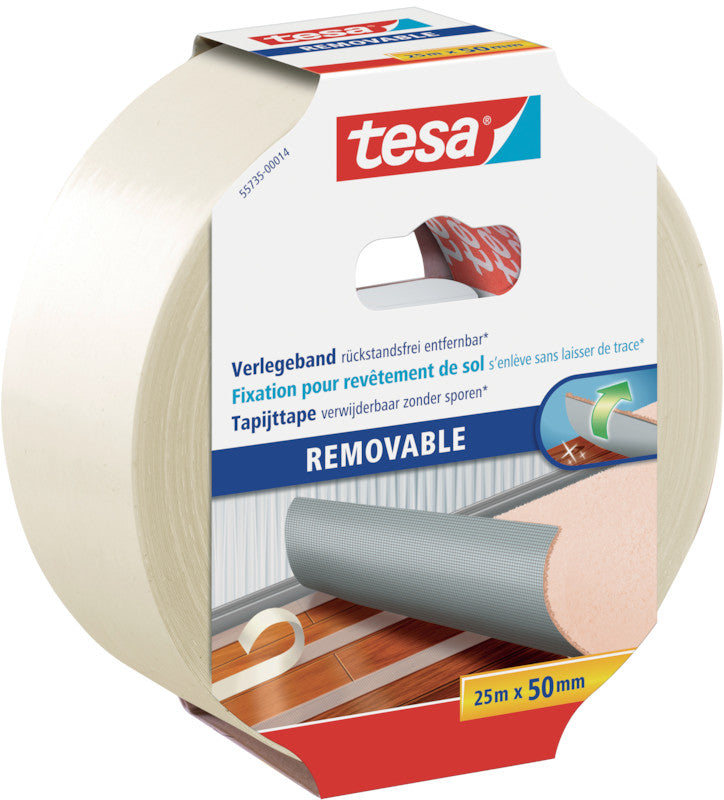 Tesa Teppichklebeband Rückstandsfrei entfernbar, für glatte Oberflächen – 50 mm × 25 m, Weiss