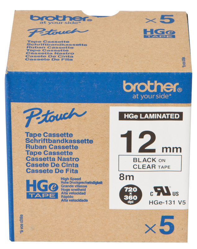 Brother Schriftband – 12 mm × 8 m, transparent, schwarz, HGe – 5 Stück
