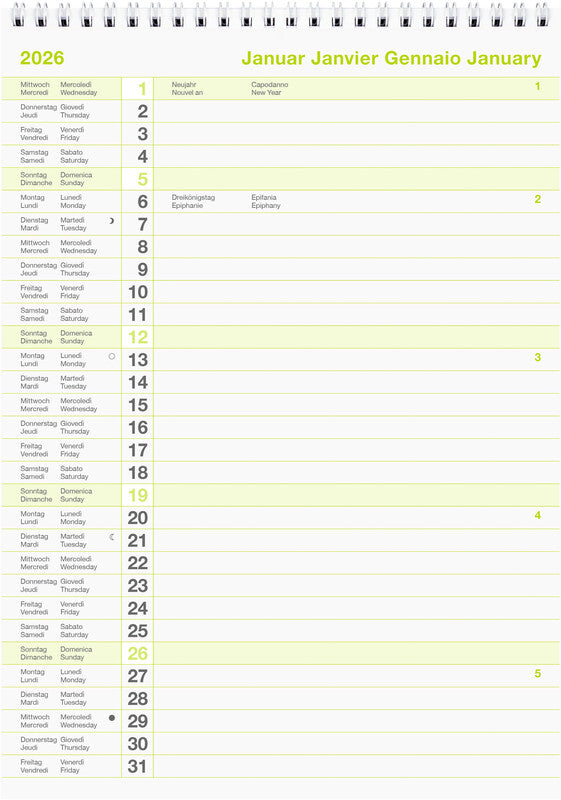 Biella Wandkalender – viersprachig D/F/I/GB – 2026 – Spiralbindung – 21 × 29,7 cm
