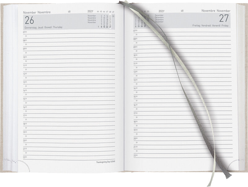 Biella Executive Agenda – 1 Tag pro Seite, gebunden, 14,5 × 20,5 cm, 2027, 1/2-Stunden-Takt, Beige, FSC