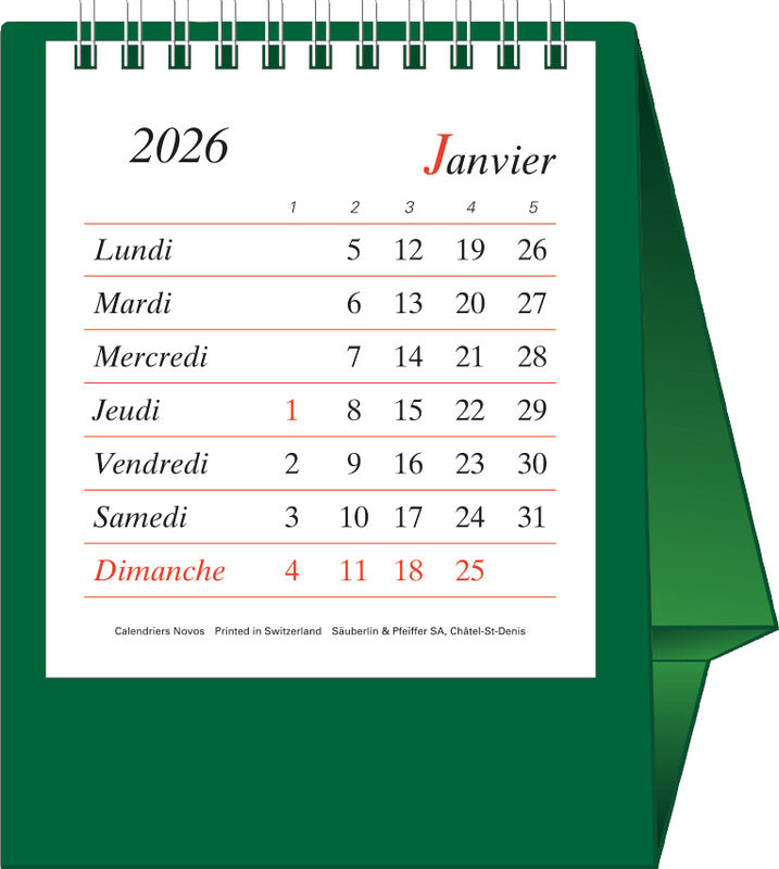 Novos Wochenplaner – 1 Monat pro Seite, Spiralbindung, 12 × 14 cm, Jan–Dez 2026, mit Ständer, Französisch, PEFC