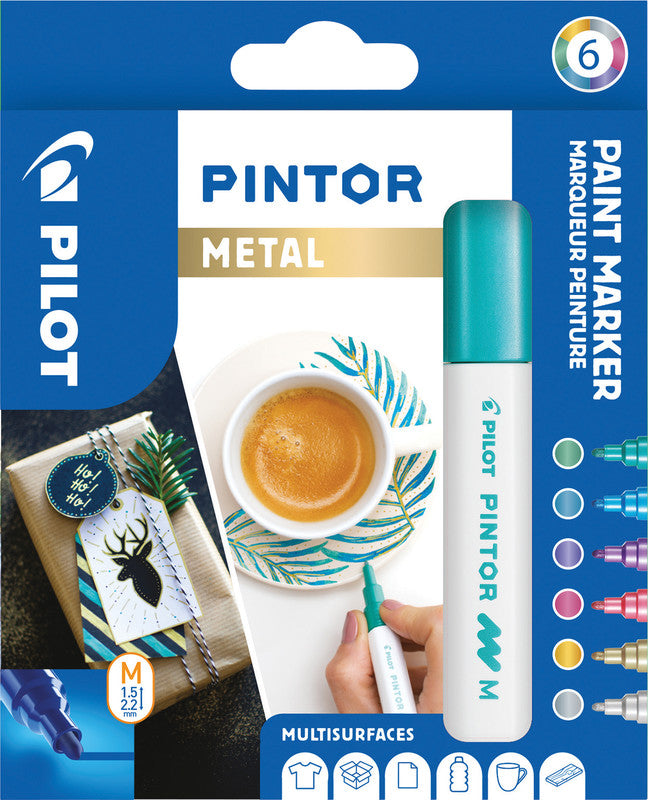 Pilot Pigment-Marker Pintor – Rundspitze 1,5-2,2 mm – Sortiert – 6er-Set – Für dunkle Oberflächen geeignet