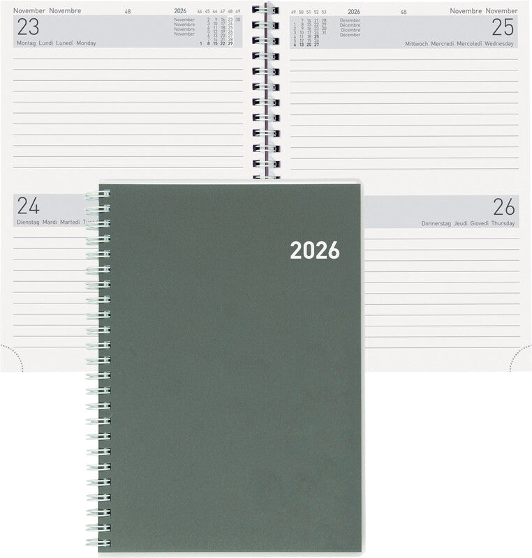 Biella Agenda – 2 Tage pro Seite, Spiralbindung, 14,5 × 20,5 cm, Jan–Dez 2026, grau, FSC