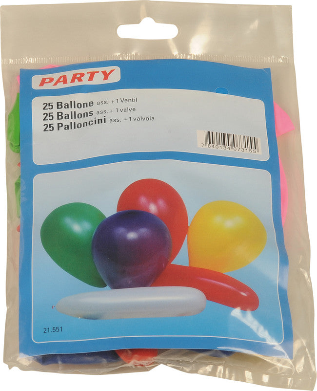 Party Ballone aus Kautschuk, sortiert, Umfang 280 mm und 750 mm, 25 Stück, mit Ventil