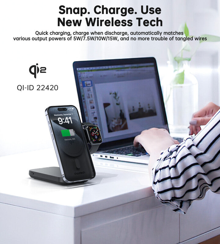 Choetech Powerbank 10000 mAh, 1× USB-C, 1× Lightning, kabelloses Laden, schwarz