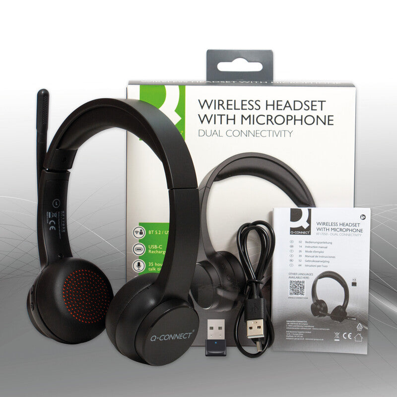 Q-connect Duo Headset – Bluetooth, Noise-Cancelling Mikrofon, Stummschalter – Schwarz – bis 35 h Sprechzeit