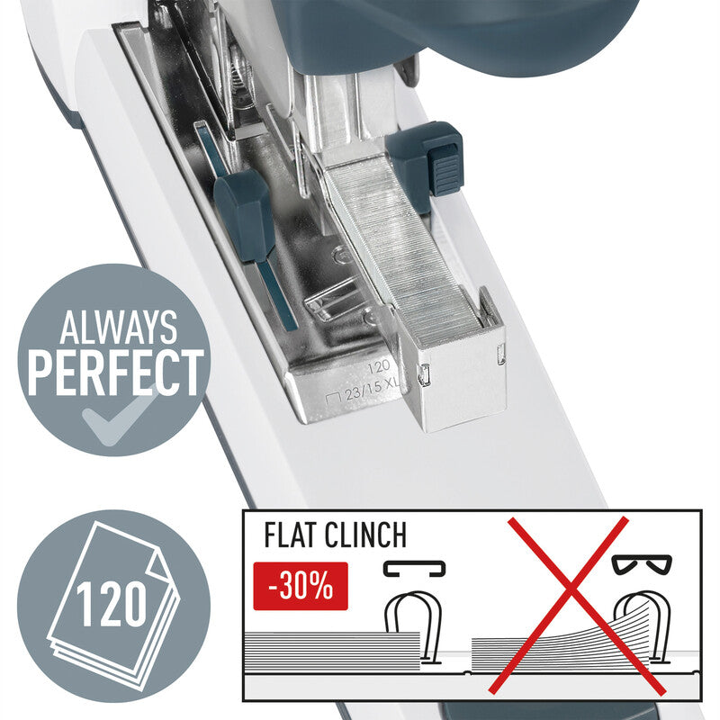 Leitz 5553 – Hefter, 120 Blatt, für 23/15XL, Flat-Clinch, verstellbarer Papieranschlag, Einlegetiefe 56 mm
