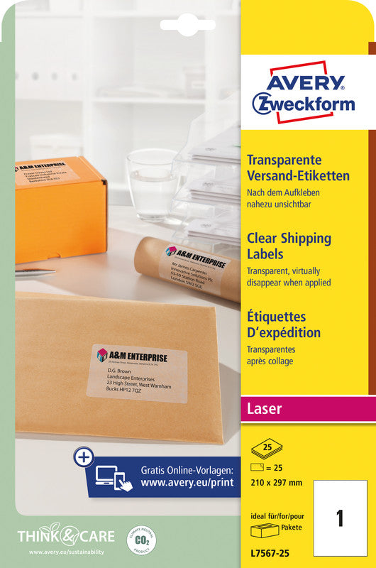Avery Drucketiketten, 210 mm × 297 mm, transparent, Folie, permanent, 25 Blatt