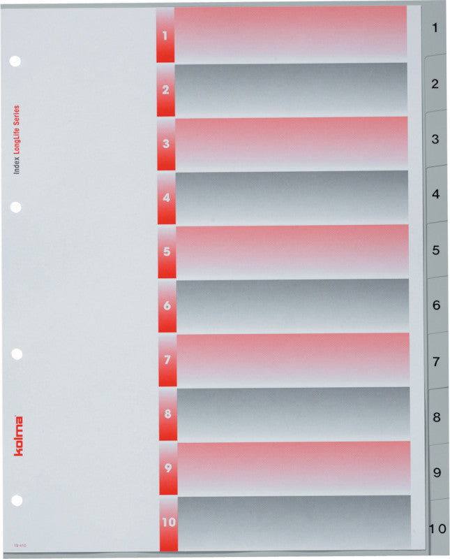 Kolma Register – A4 überbreit, 10-teilig, PVC, grau, vorgedruckt, 4-fach Lochung, für Zeigebuchtaschen