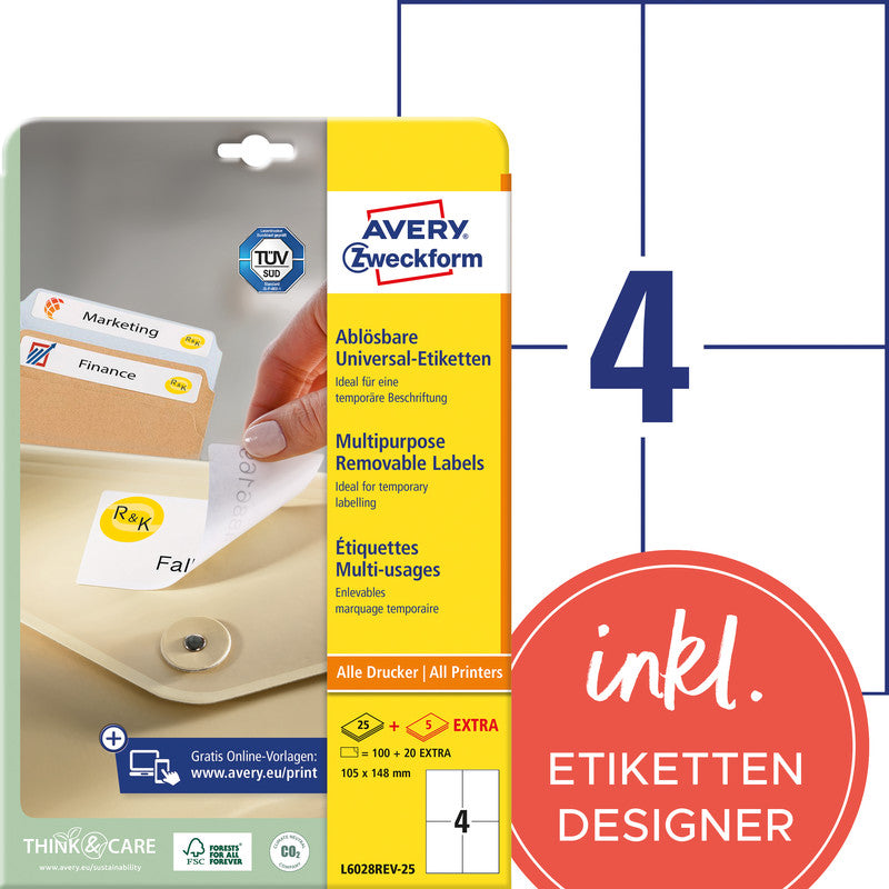 Avery Drucker-Etiketten, 105 mm × 148 mm, weiss, Papier, wiederablösbar, 30 Blatt