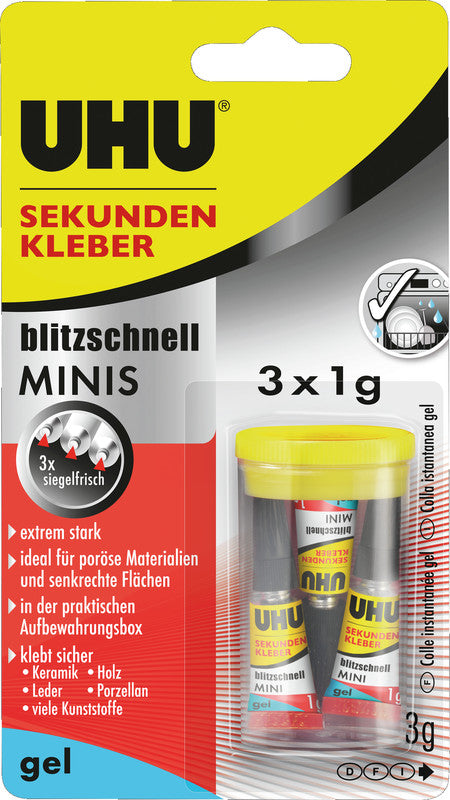 UHU Sekundenkleber – extra stark, transparent, 3 × 1 g, für Holz, Porzellan, Metall u. a.