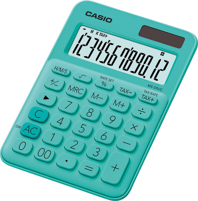 Casio Tischrechner MS-20UC – 12-stellig, LCD, Solar + Batterie, grün, 105×149,5×23 mm