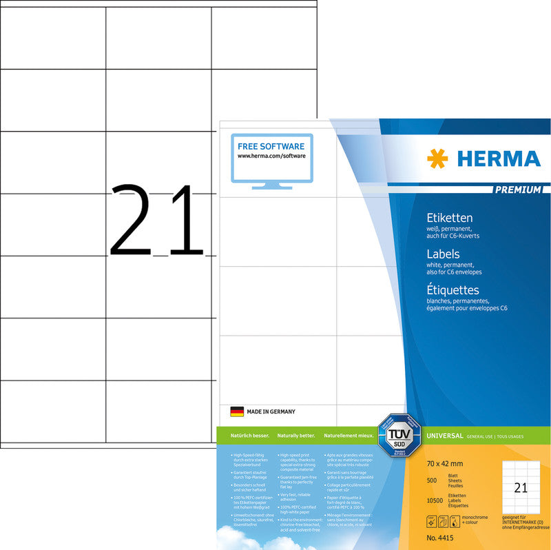 HERMA Blattetiketten, 70 mm × 42 mm, weiss, Papier, permanent, 500 Blatt