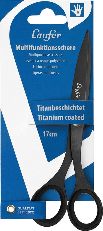 Laufer Universalschere – 17,0 cm, titanbeschichtet, spitz, Gummi, schwarz