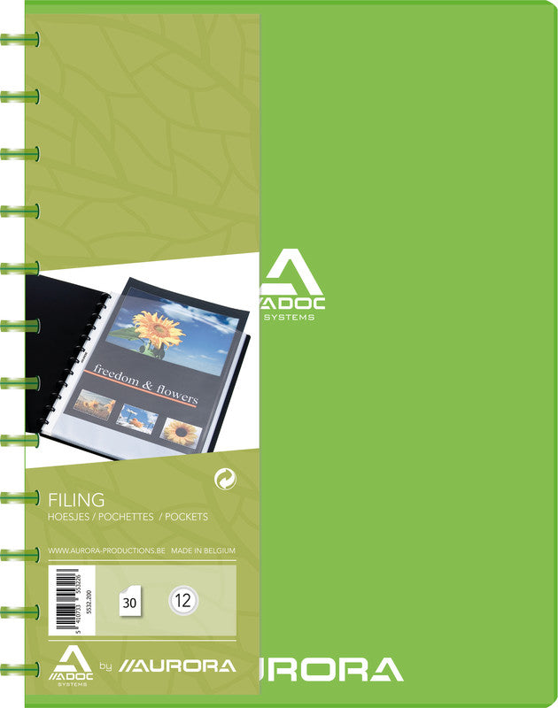 Adoc Sichtbuch Bind-Ex Aurora – 30 Sichttaschen, A4, austauschbar, genarbt, antireflex, grün, Kunststoff