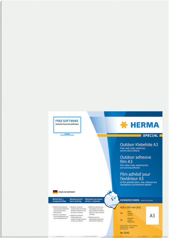 HERMA Bogenetiketten, 420 mm × 297 mm, weiss, Folie, extra stark, 10 Blatt