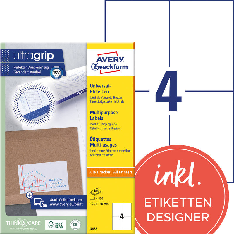 Avery Bogenetiketten, 105 mm × 148 mm, weiss, Papier, permanent, Packung 400 Etiketten (100 Blatt)