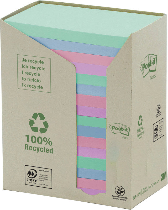 Post-it Recycling Tower Haftnotizen – 127×76 mm – sortiert, 16×100 Blatt, PEFC